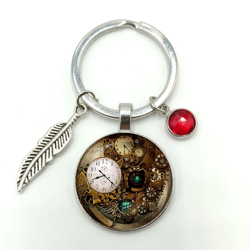 

2020 Hot Sale Fashion Retro Keychain Retro Big Clock Keyring Personalized Alloy Small Leaf Glass Stone Jewelry Keyring Gift