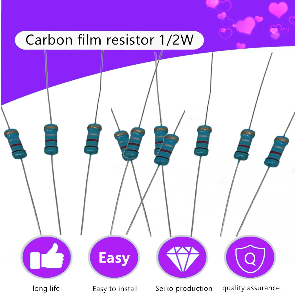 

50Pcs Full Range Taping Plug-in Resistors Carbon Film Resistor 1/2W High Precision 5% 1K 10K 100K 220R 1R~2.2M Ohm Resistance