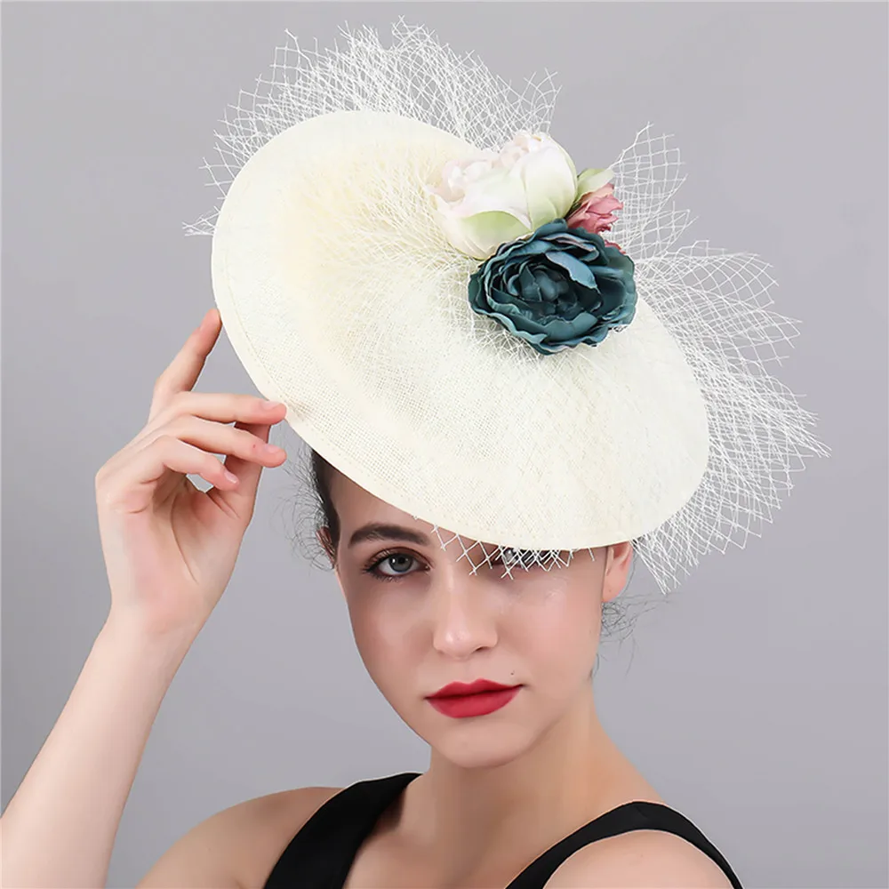 Женская Вуалетка из искусственного льна свадебная Бежевая Шляпа с цветами