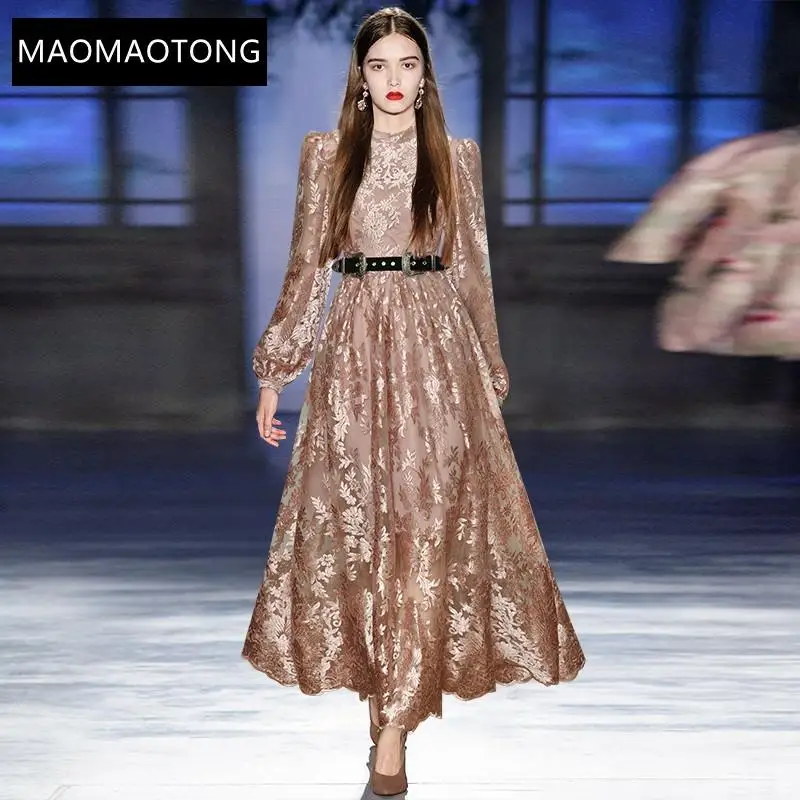 

Fashion Runway Autumn Long Mesh Dress Women's Stand Collar Lantern Sleeve Sashes Floral Embroidery Vintage Party Dress