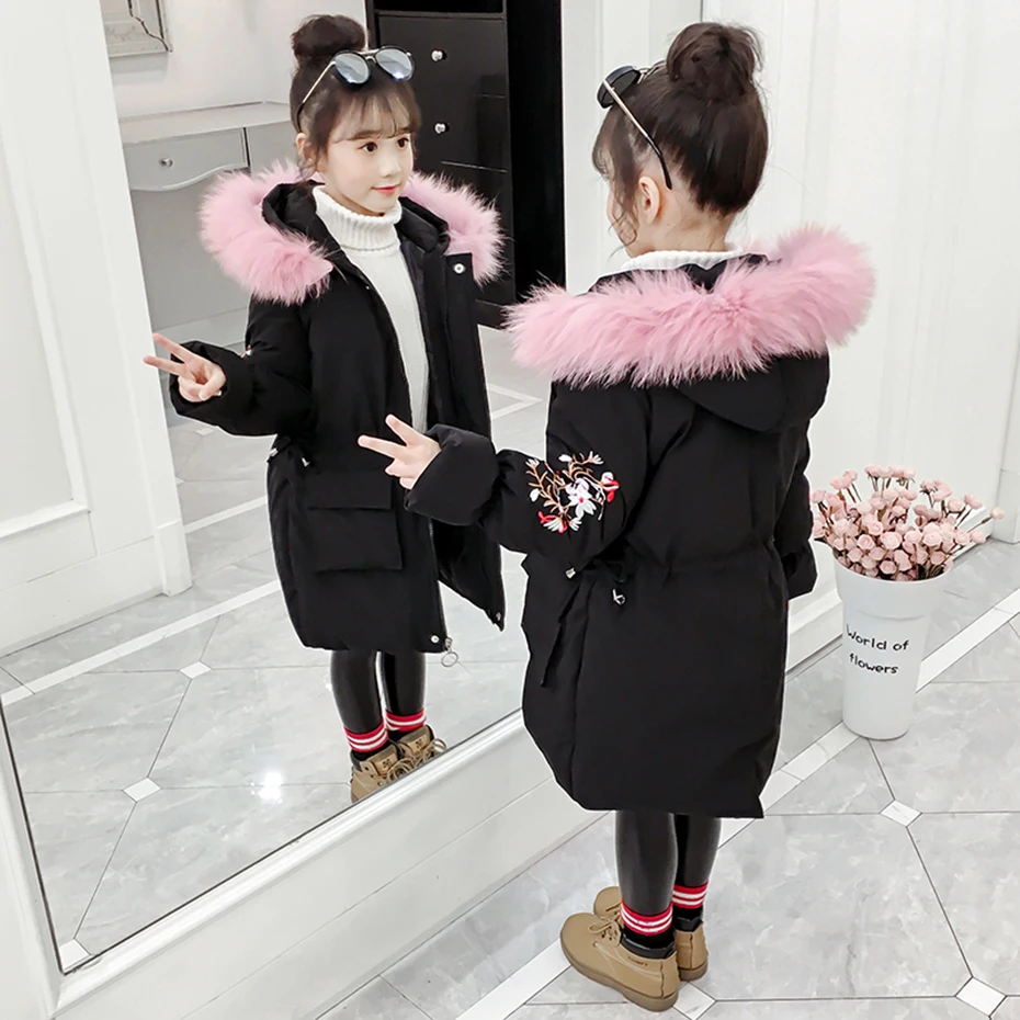 Пальто для девочек пальто с цветочной вышивкой верхняя одежда капюшоном и