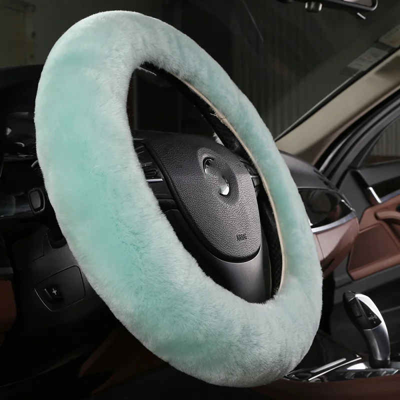 Mint Green Натуральный мех овечья шерсть овчина чехол рулевого колеса автомобиля для взрослых авто Универсальный с новым дизайном флаг России цвет - Название цвета: Mint Green