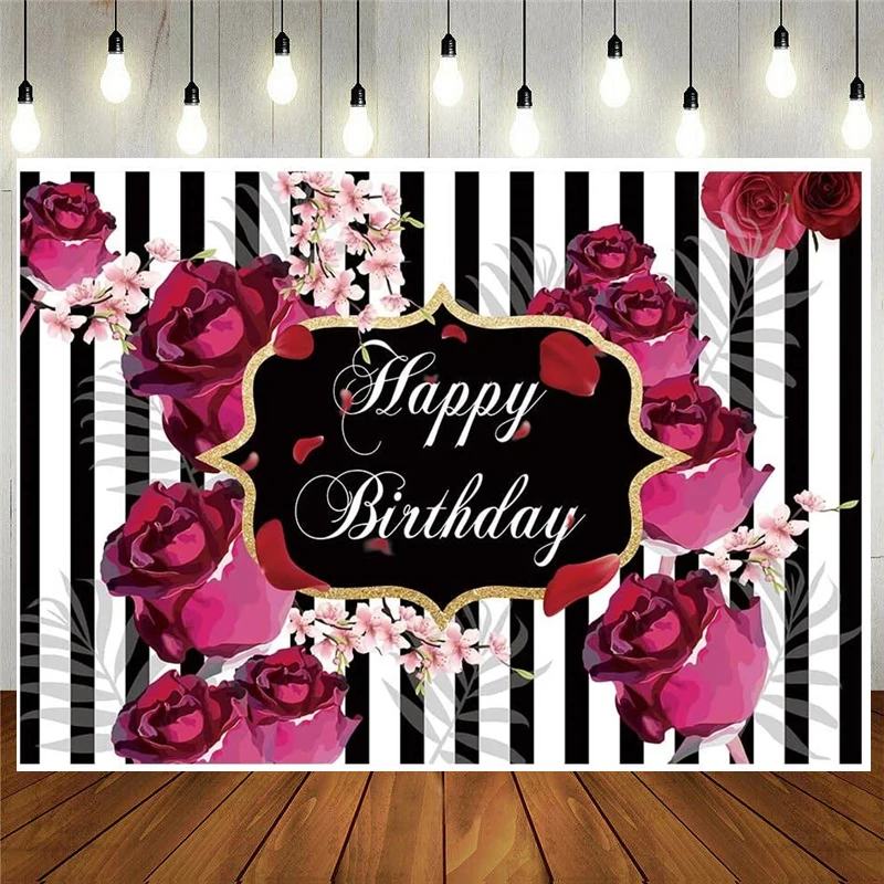 

Floral Happy Birthday Party Background Roses Flowers Black White Stripes Girl Adult Photography Backdrop Cake Table Decoration