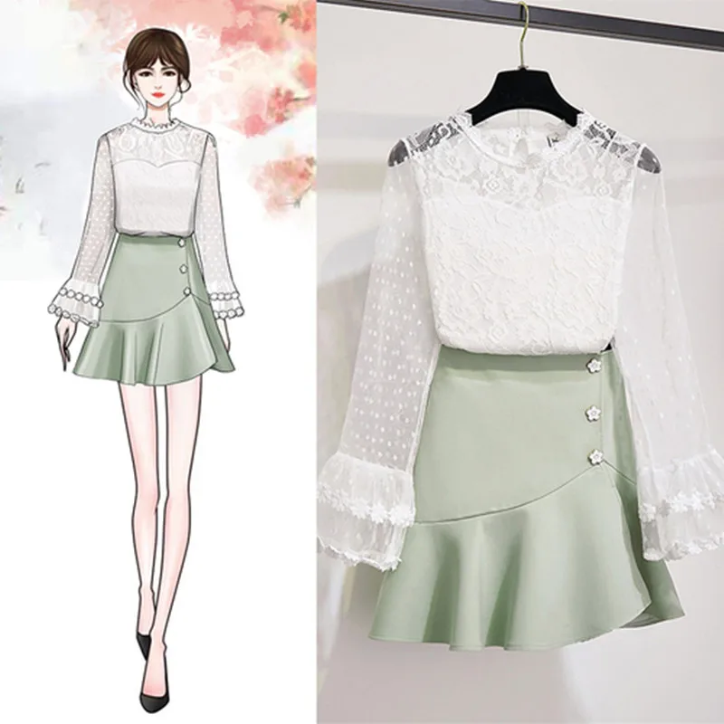 

2020 New Autumn 2 Piece Sets OL Women See Though White Lace Blouse Tops+Flower Button Ruffles Mini Skirt Girl Sets Outfits
