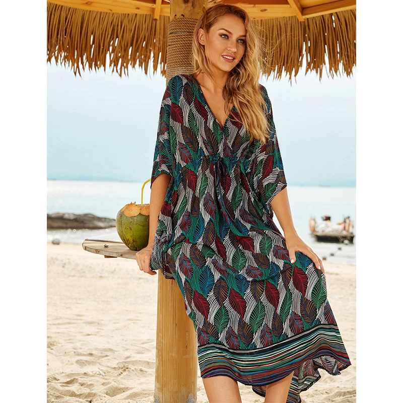 Женское пляжное платье с коротким рукавом V-образным вырезом и высокой талией |