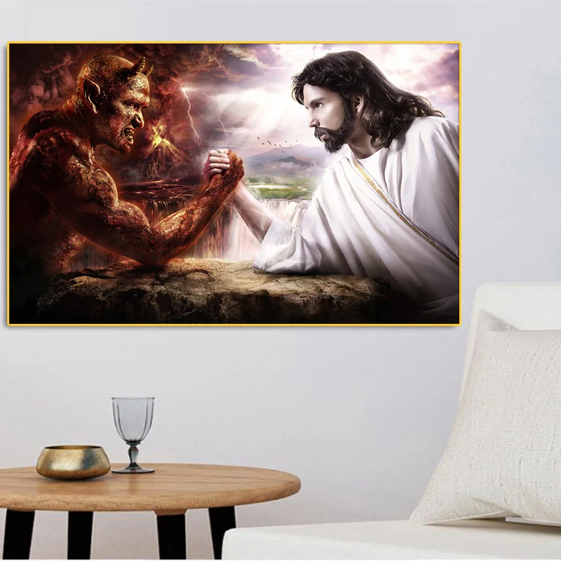 Картина на холсте с изображением бога Иисуса против Сатаны