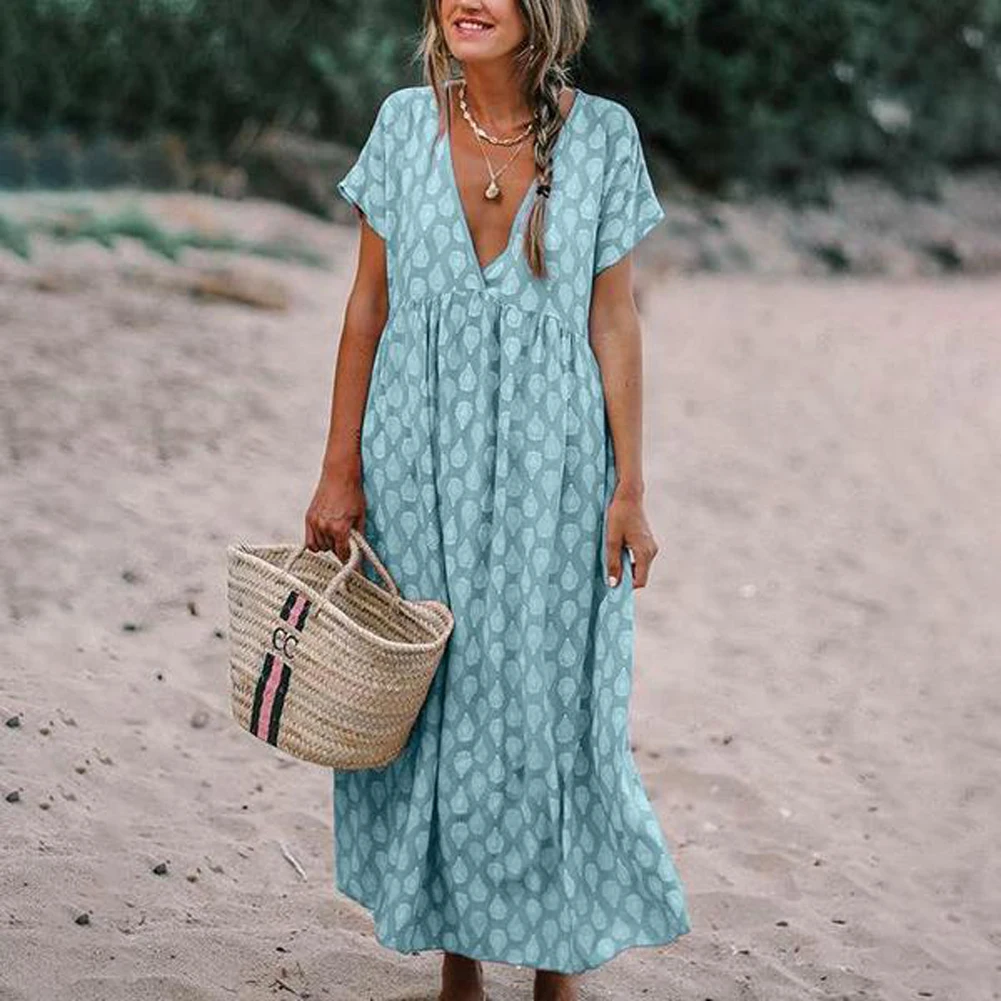 

Womens Boho Deep V Neck Polka Dots Floral Print Baggy Tunic Long Pleated Dress Loose Summer Beach Holiday Sundress Casual