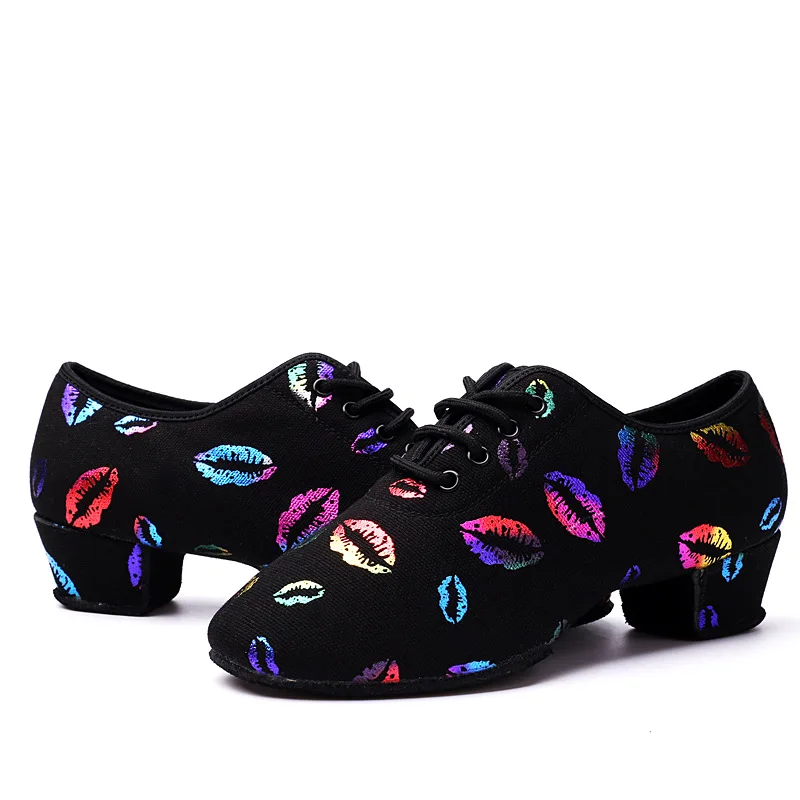 Latin Dance Shoes For Women Teacher Shoes 5cm Heel colorful Lips Oxford Cloth Ballroom Salsa Dancing Shoes Jazz Sneakers Girls
