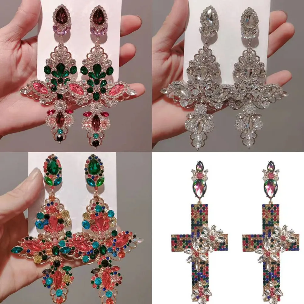 

Exaggerated Rhinestone Flower Large Drop Cross Earrings Dinner Jewelry for Women Luxury Crystal Long Dangle Earrings Accessories