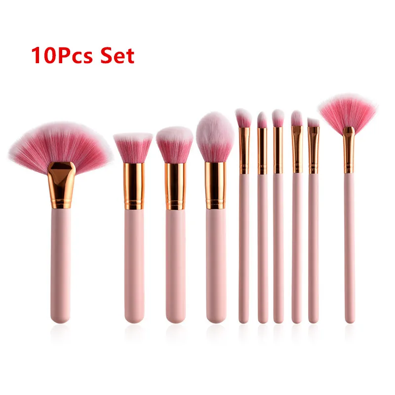 10PCS Set 10 шт., набор кистей для макияжа, розовая ручка, Женская основа, Кисть для макияжа, набор косметических инструментов для губ, подводка для глаз, maquiagem T10083 - Handle Color: 10PCS Set