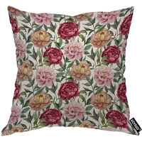 peony decorative pillow covers pink red yellow flower green leaves plant floral throw pillow case 16x16 inch cotton linen