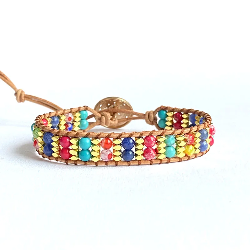 

Unique Mix Natural Stone Beads Multicolor Bracelet Seed Beads Leather Wrap Bracelet For Women Woven Handmade Friendship Jewelry