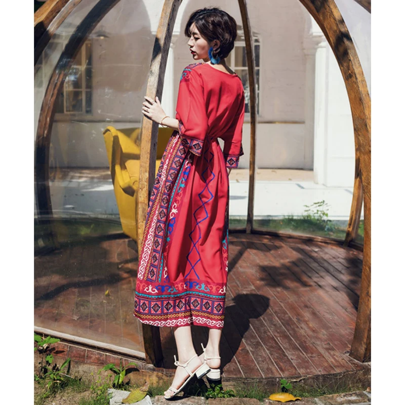 New women clothes 2019 Spring and summer new style Beach dress Bohemian midi Printed Ethnic wind beach | Женская одежда