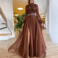 brown high neck long sleeve evening dresses 2021 a line side slit pleat tulle elegant party prom gowns with belt floor length