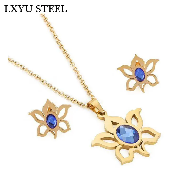 Новые Ювелирные наборы для женщин ожерелья из нержавеющей стали и серьги с синим