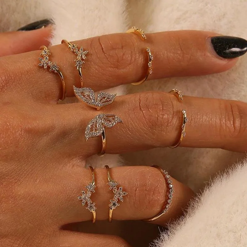 

8pcs/set Bohemian Crystal Flower Butterfly Midi Knuckle Ring Set For Women Gold Color Geometric Finger Rings Vintage Jewelry