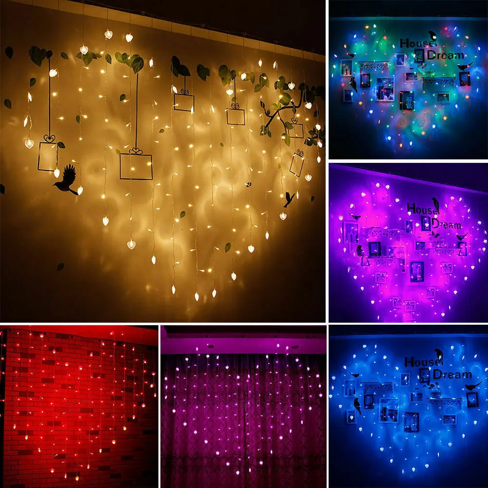 

LED Heart Icicle Curtain String Light 1.5M Hanging Window Christmas Fairy Light Garland Bedroom Wedding Home Room Decor EU Pulg