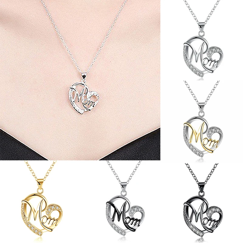 

Fashion Letter Mom Heart Shaped Inlaid Crystal Pendant Necklace Birthday Thanksgiving Mother's Day Jewelry Gift