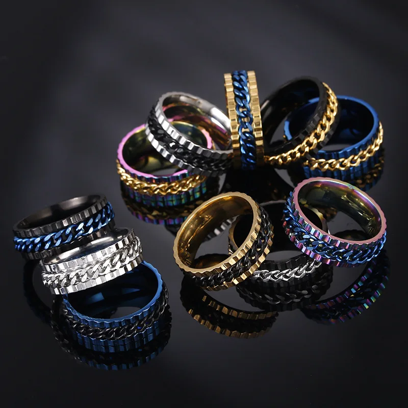 

SHOUMAN 8mm Stainless Steel Black Blue Spinner Rotatable Chain Rings for Men Women Charm Wedding Band Custom Engrave Name Gift