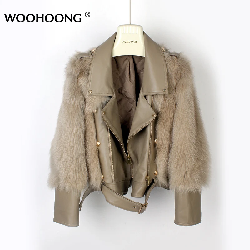 

Natural Fox Fur Grass Jacket Women's Leather Grass Jacket Suit Collar Real Sheepskin Double-breasted Zipper British Style Short