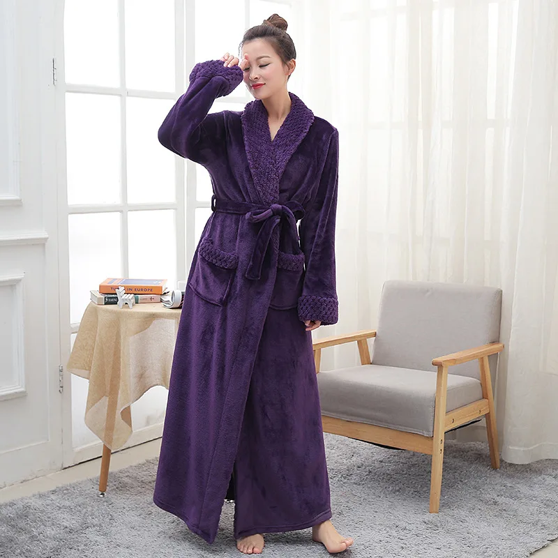 Women Men Thermal Luxury Flannel Extra Long Bath Robe Winter Sexy Grid Fur Bathrobe Warm Kimono Dressing Gown Bridesmaid Robes