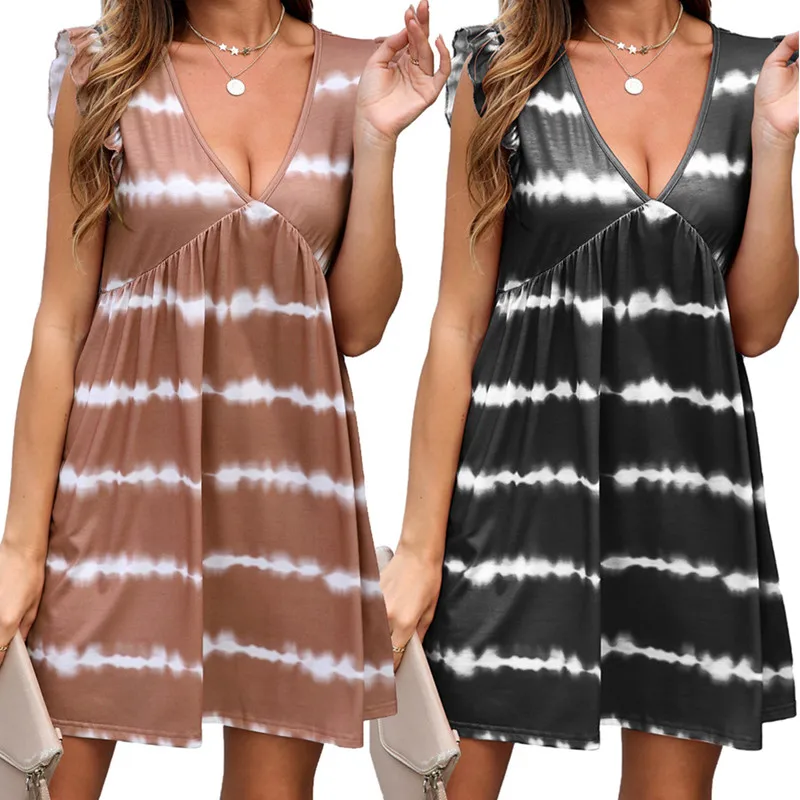 

OLOMLB Sexy Deep V Neck Summer Women's Dress Print Patchwork Ruffle Sleeveles New Faashion Vacation 2021 Loose Casual Vestidos