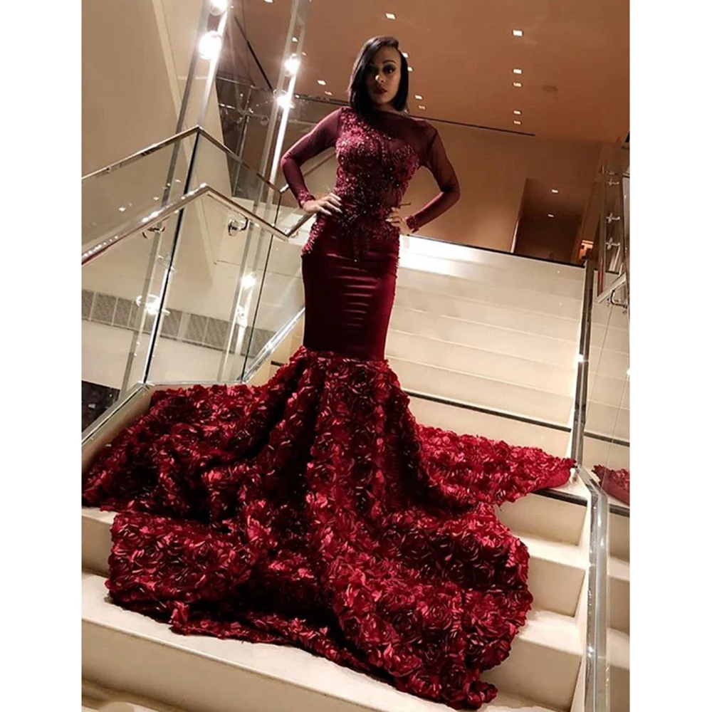 Бордовое платье для выпускного вечера с длинным рукавом кружевная аппликация 3D