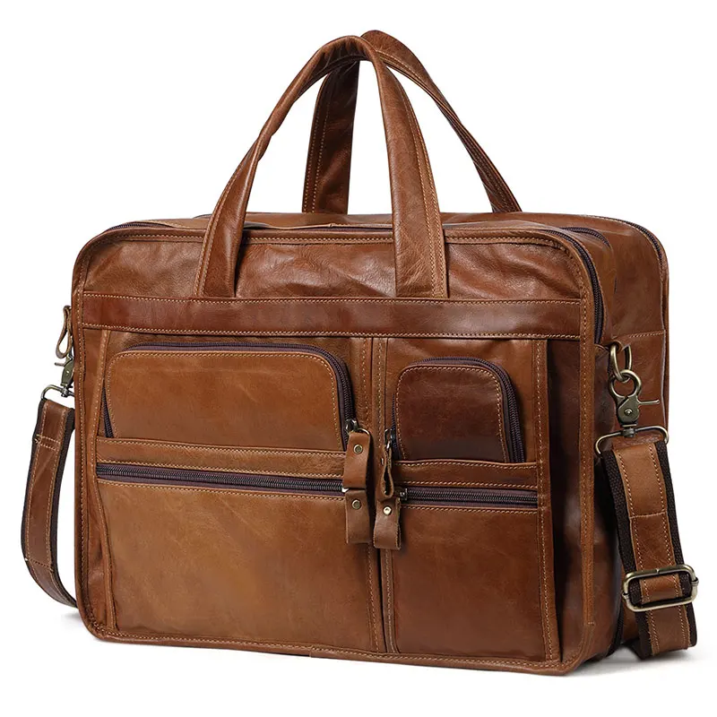 Luxury Genuine Leather Handbag for Men Large Capacity Shoulder Bag for 14