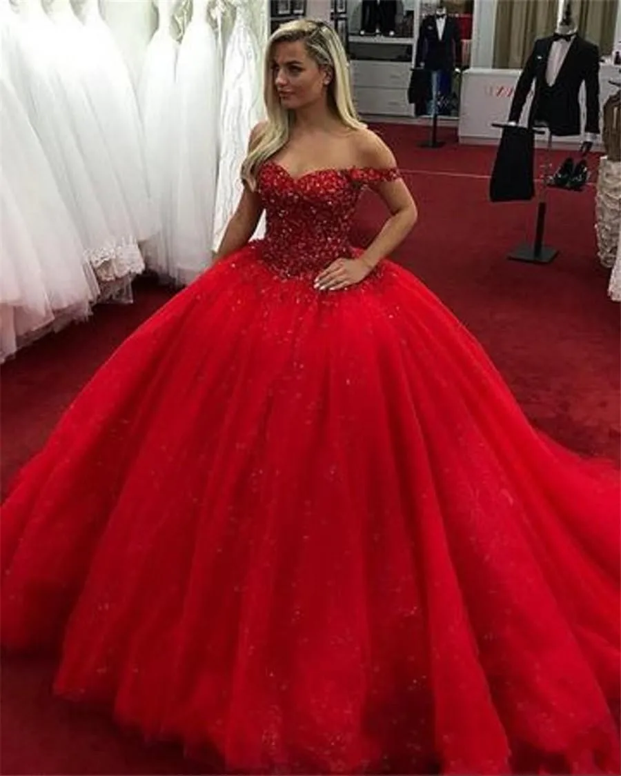 

2020 Off The Shoulder Sequins Princess Party Dress Ball Gown sexy 16 Dress Luxurious Crystal Beaded Red Quinceanera Dresses