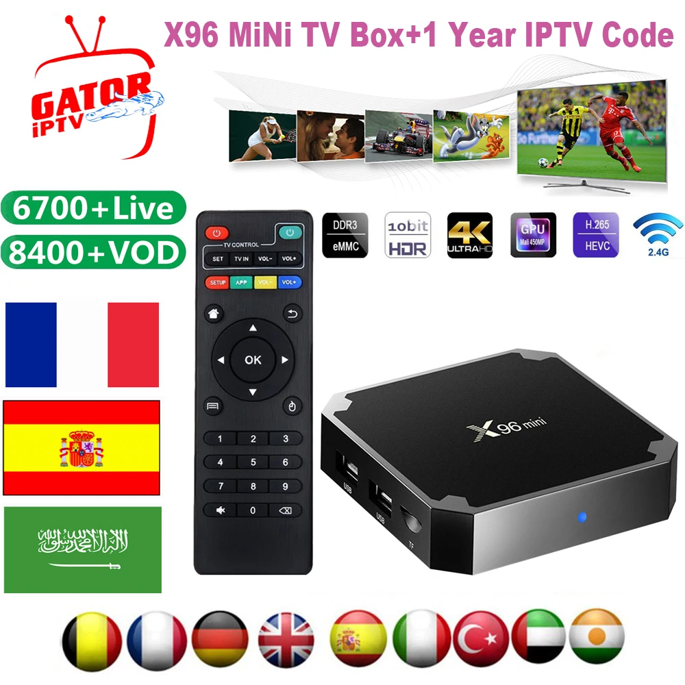 Smart tv Box X96 Mini 1 год IP tv подписка Android 7,1 Amlogic S905W четырехъядерный 2,4 ГГц 4K HD онлайн медиаплеер телеприставка