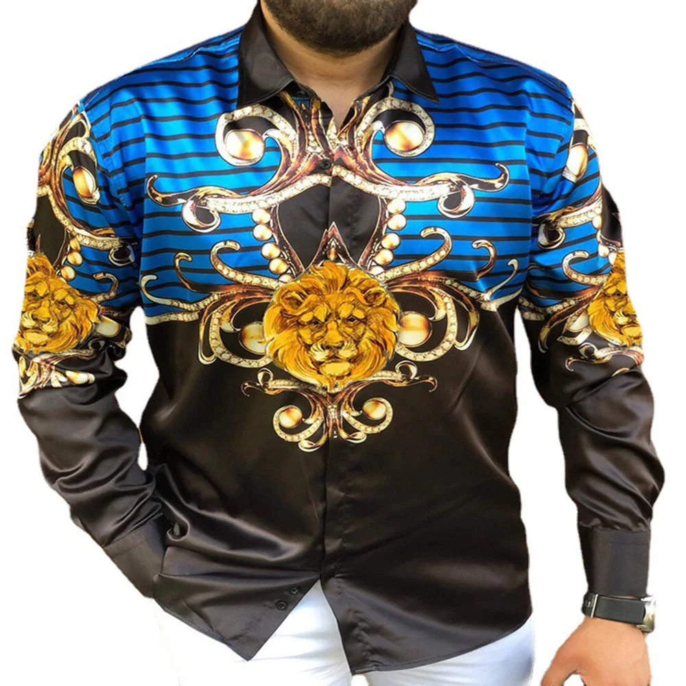 

2021 Europe America Autumn New Men's Long Sleeve Men's Shirt Fashion Printing Lapel Single-breasted Casual Cardigan