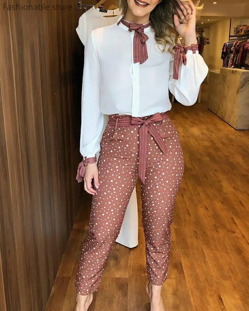 

Women Casual Tied Detail Top & Polkadot Print Pants Set