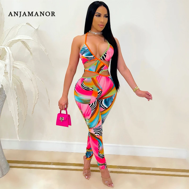

ANJAMANOR Fashion Printed Jumpsuit for Women Sexy Cutout Backless Halter Bodycon One Piece Outfit Clubwear Fall 2021 D91-CD24