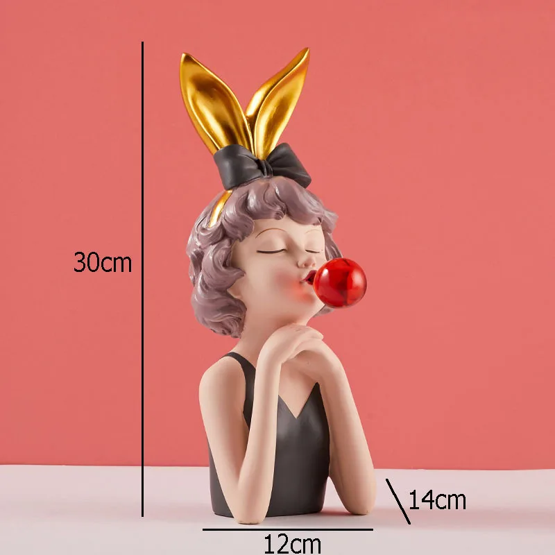 

Lovely Girl Statue Bunny Ears Fairy Character Sculpture Resin Figure Statue Blowing Bubbles Girly Figurines Crafts Ornaments