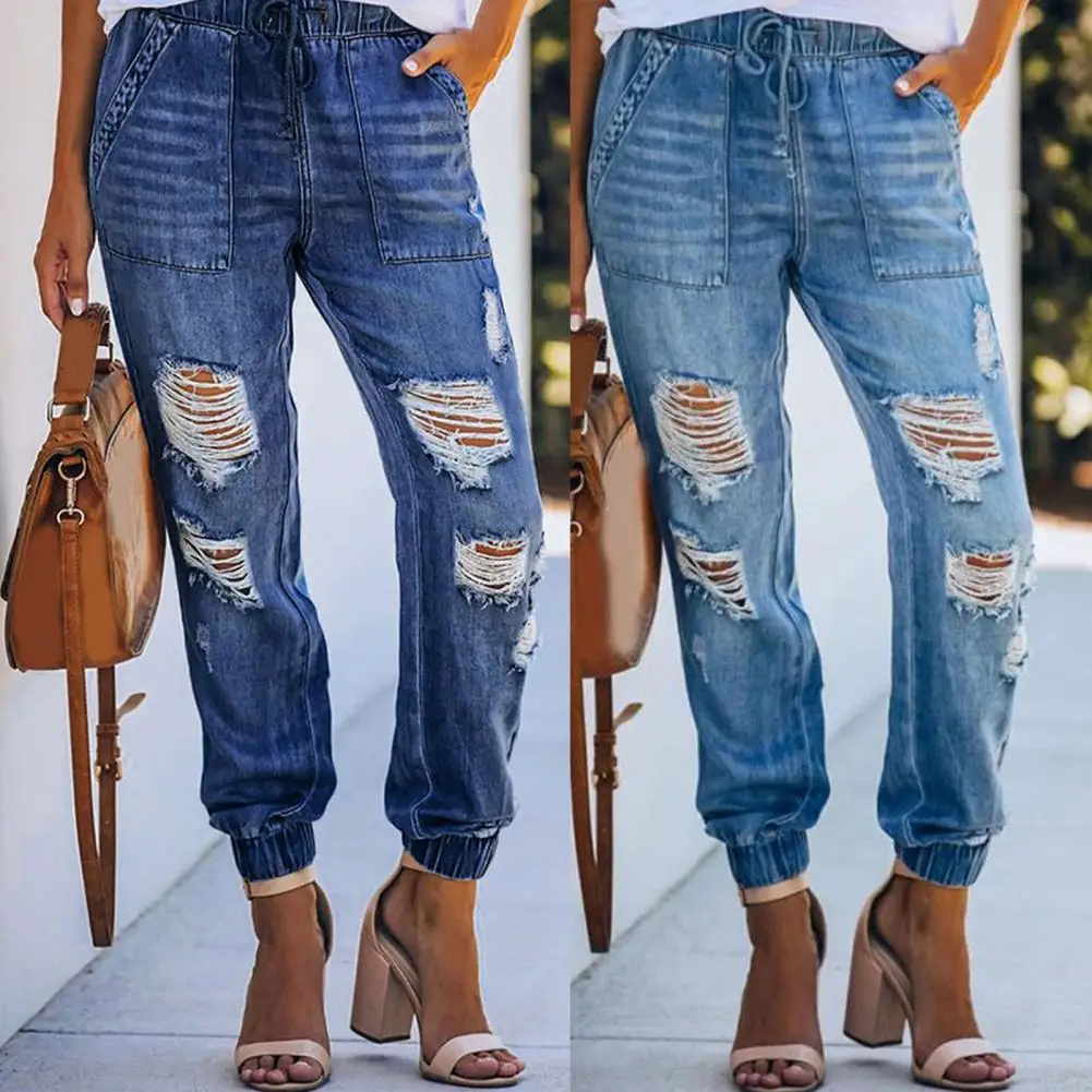 

Винтажные потертые джинсы МОМ с эластичным поясом на шнурке и дырками, женская одежда на весну и осень Y2K, рваные джинсовые брюки для женщин