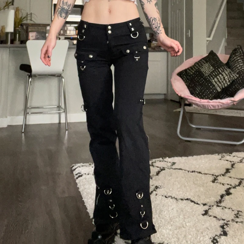 

Techwear Punk Rivets Zipper Black Straight Jeans Gothic Low Waist Women Denim Trousers Aesthetic Streetwear Dark Academia Pants
