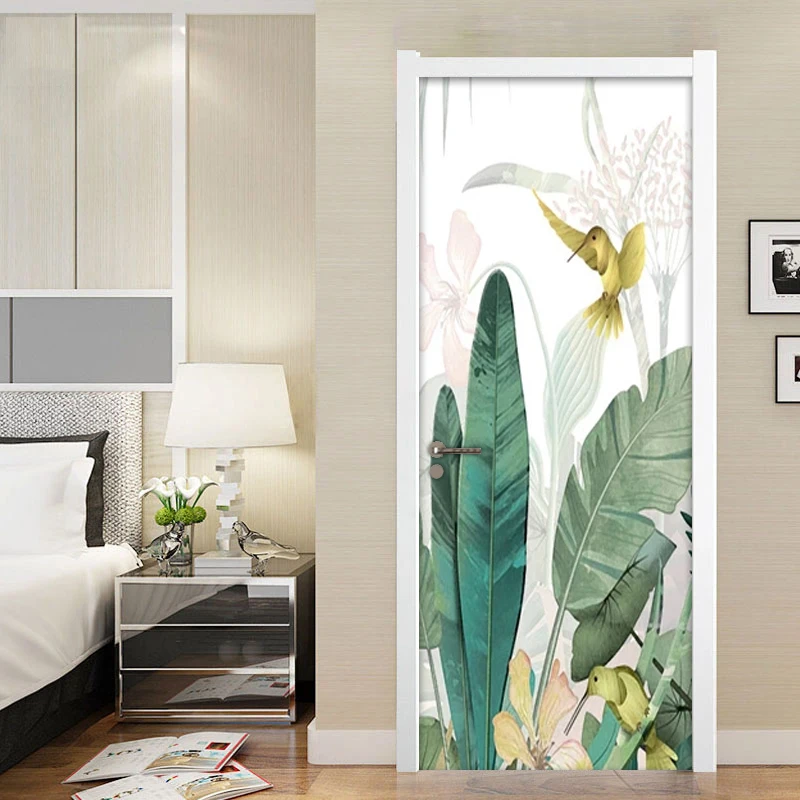 Banana Leaf Flower Bird Door Sticker Mural Waterproof Wallpapers For Living Room Bedroom Home Decoration Photo Wallpaper | Обустройство