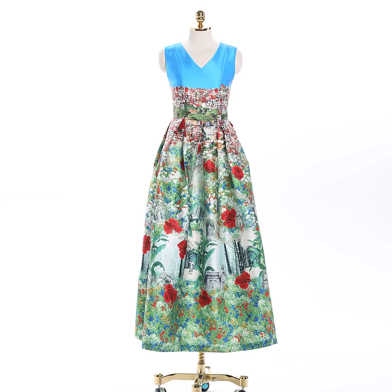 

Dresses Women 2021 Summer Spring Sleeveless Vintage Floral Trees Luxury Print Slim V-neck New Long Dress
