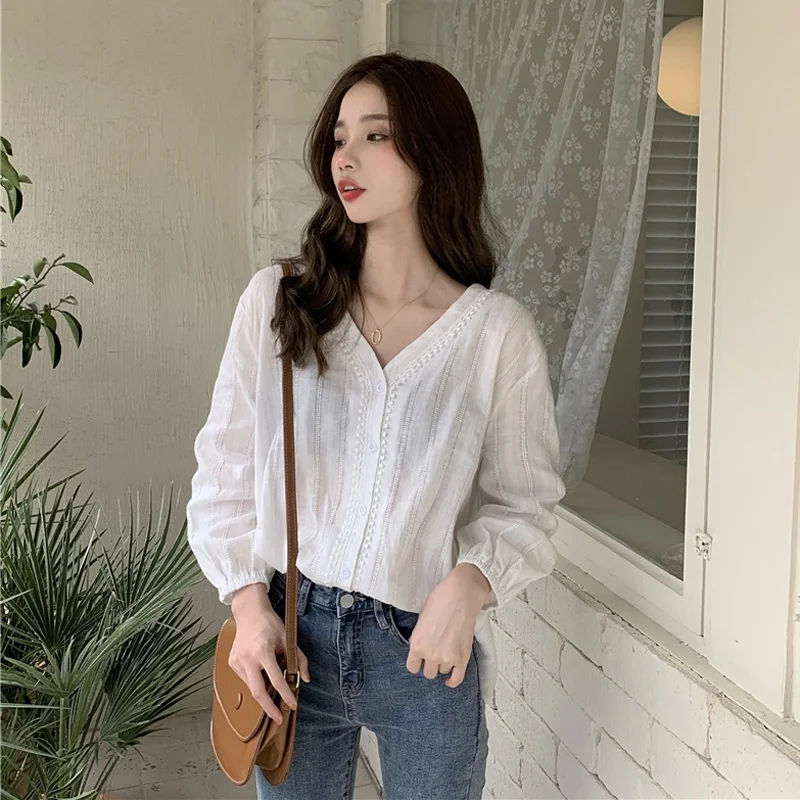 

Women Shirts Lace V-neck Button Shirt Loose Long Sleeve Top Korean Casual Blouses Tops Blusas