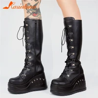 big size 35 43 brand new ladies wedges high heels boots fashion rivet zip platform womens boots street punk shoes women