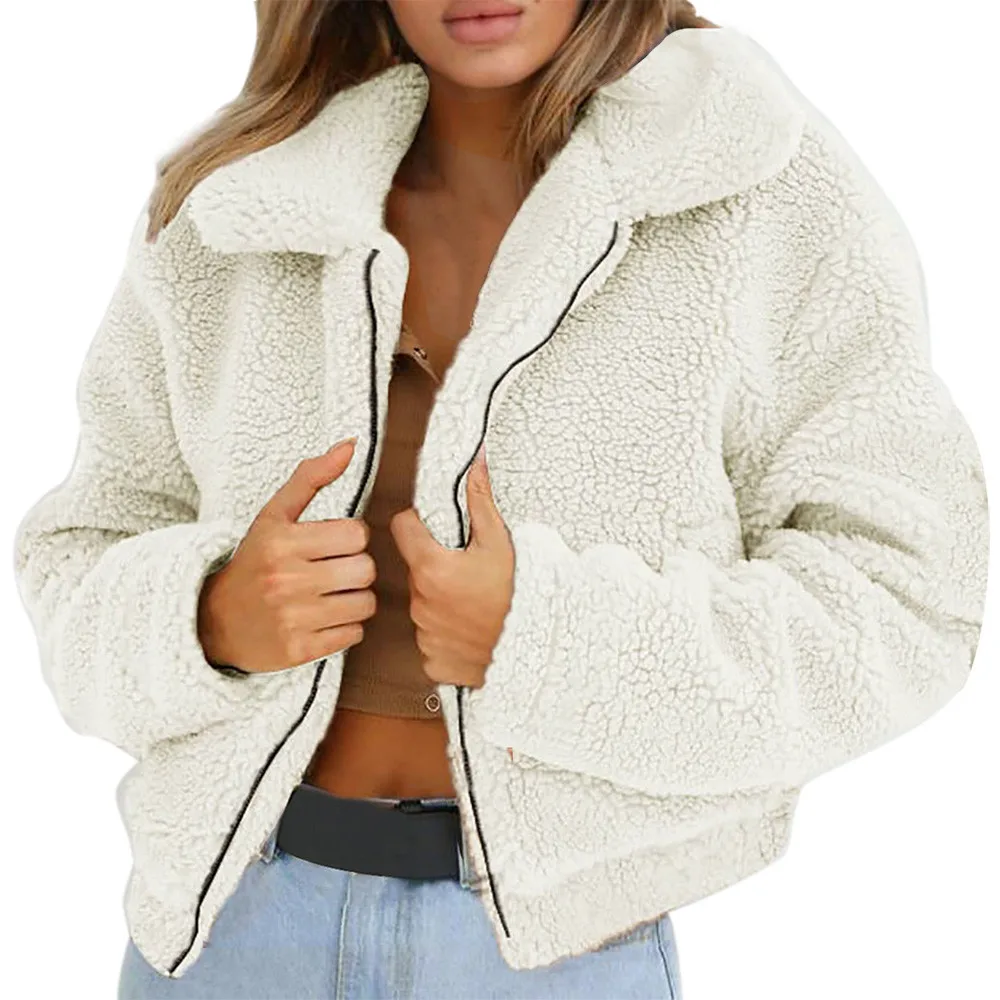 Beige Женское теплое пальто из искусственной шерсти, одноцветная куртка на молнии из овчины, Зимняя парка, верхняя одежда, модное пальто#45 - Цвет: Beige