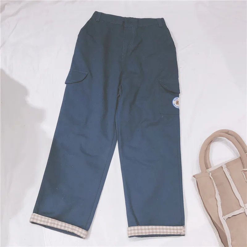 

Japanese Bear Embroidery Patch Pocket Casual Pants Straight Pants Autumn Teenage Heart Sweet Plaid Overalls Loose Wide Leg Pants