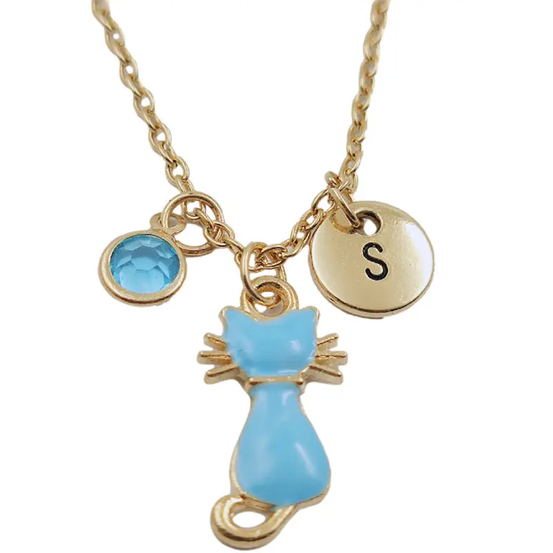 

New Blue Cat Initial Letter Creative Birthstone Gold Necklace Fashion Jewelry Women Gifts Christmas Accessories Pendant