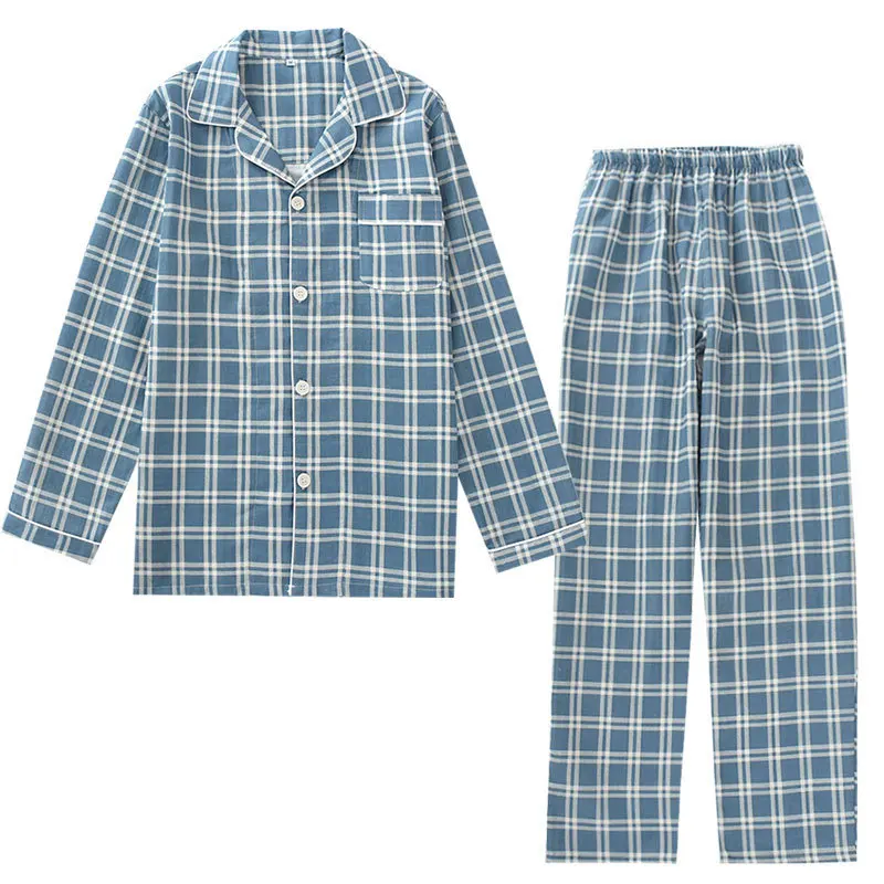 

Man Pajamas Set Long Sleeve Pure Cotton Spring Autumn Cardigan Gauze Yukata Male Casual Home Serve Plaid Suit Kimono Sleepwear