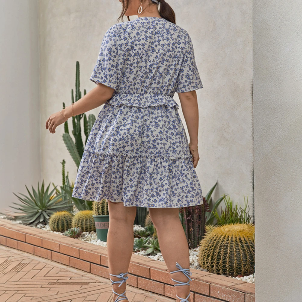 

2021 New Women Short Sleeve V-neck Summer Flower Print Plus Size Dress Sexy A-line Slim Waist Dresses Women's Fashion Bow