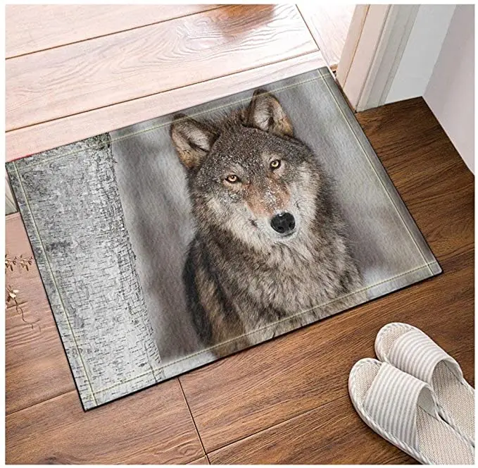 

3D Digital Printing Wild Animals Decor The Staring Wolf in Birch Forest Bath Rugs Non-Slip Doormat Floor Entryways Indoor Front