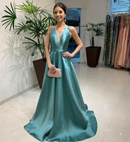 2021 evening dress green sexy v neck satin backless court train sleeveless women formal gowns simple graceful high quality