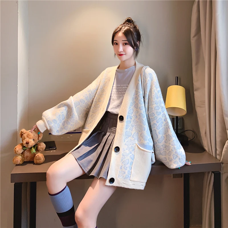 Женский вязаный свитер H.SA свободный однобортный Кардиган с рукавами-фонариками