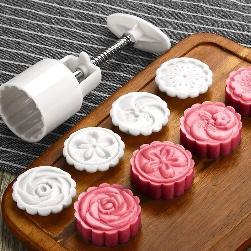 

5Pcs/Set Flower Shape Moon Cake Cutter Mold 4 Stamps Pastry Hand Pressing Cookie Set Mid-Autumn Festival Mooncakes Tools