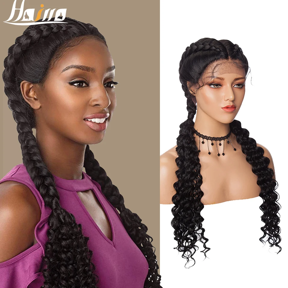 HAIRRO 25 Inches Braided Wigs Synthetic Lace Front Wig For Black Women Lace Wigs With Baby Hair Box Braid Wig With Curly Ends